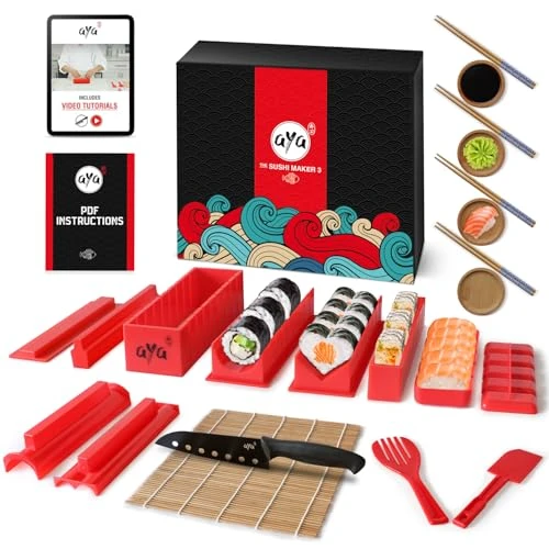Aya Le Sushi Maker 3 - Coffret 24 Pièces - Appareil et Moules à Sushi - Couteau Expert et Natte en Bambou - Vidéos d'Instructions En Ligne et eBooks - Kit de Préparation à Sushi - Kit Sushi Maki