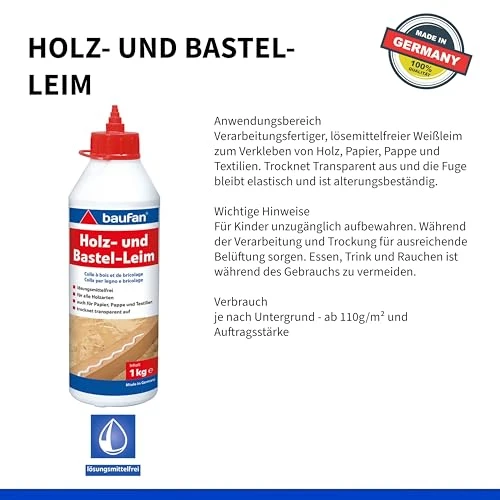 Baufan Colle à Bois - Blanc, 1kg I Colle à Froid Sans Solvant, Prêt à l'emploi, Séchage Transparent I Compatible Bois Carton Textile I Colle Artisanat