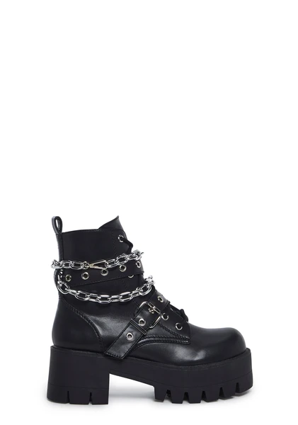 Current Mood Vegan Leather Platform Boots With Chain Link And Side Zips With Lace Ups - Black