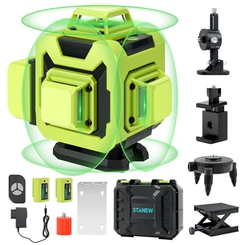 STANEW Niveau Laser Chantier 4D 16 Lignes Vert Autonivelant 4 x 360°±3°, Mode Pulsé Extérieur, 2x2400mAh Batterie Rechargeable+Support Rotatif Intégré + Télécommande Sans Fil