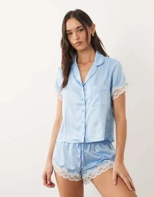 Boux Avenue - Amelia - Ensemble à pois avec short et chemise à manches courtes et col à revers - Bleu