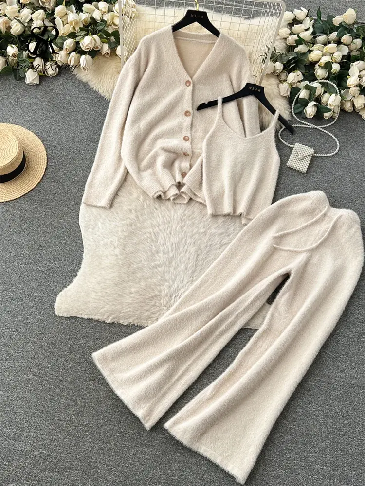 Costume trois pièces en fourrure, cardigan à simple boutonnage, mini camisoles, pantalon, ensemble décontracté | AliExpress