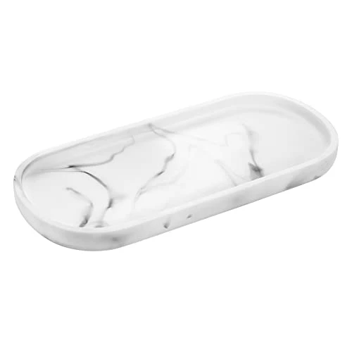 Luxspire | Bathroom Vanity Tray Countertop, 10" Marble Tray for Kitchen Counter, Resin Oval Tray for Soap Dispenser and Toilet Tank, Decorative Trays for Perfume, Jewelry, Small, Faux Marble White