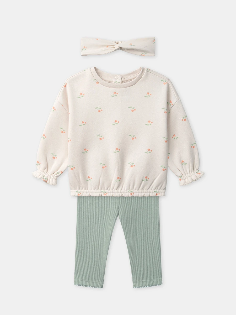 Ensemble sweat écru + legging vert + bandeau Bébé Fille