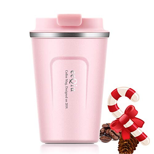 eeQiu Tasse de Voyage - Tasse à café isolée Tasse de Voiture en Acier Inoxydable 100% étanche 13 oz pour café Chaud et Froid, Lait et thé (Rose)