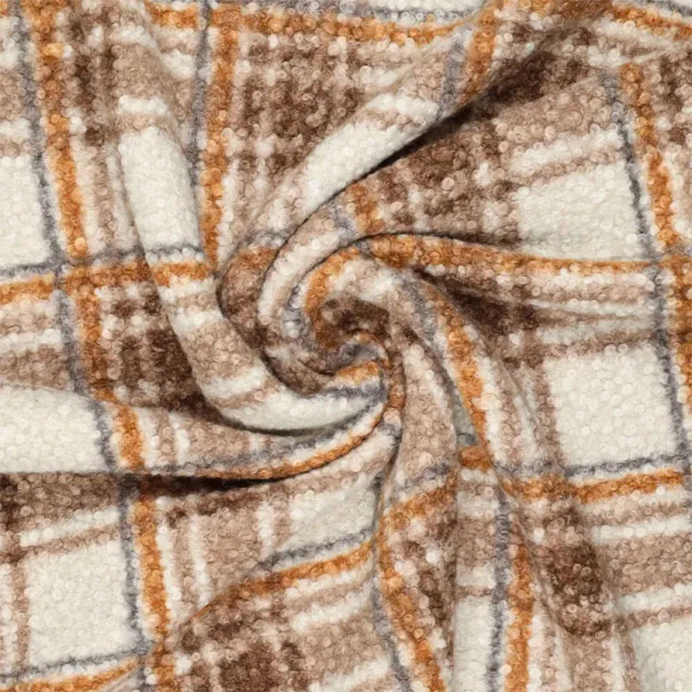 Tissu maille faux sherpa à carreaux beige et gris | Tissu pour couture de gilets de berger, manteaux, doudous...