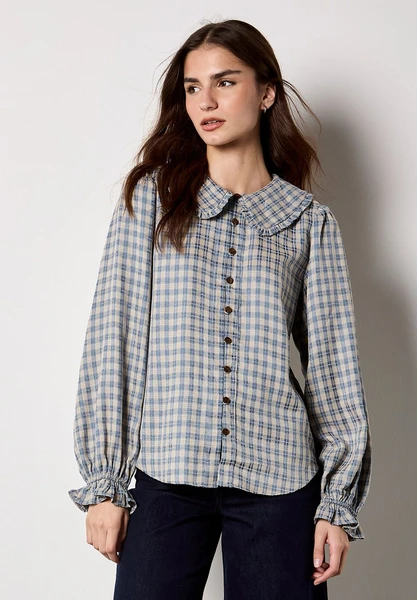 CHENILLE CHECK RUFFLE COLLAR - Chemisier - blue