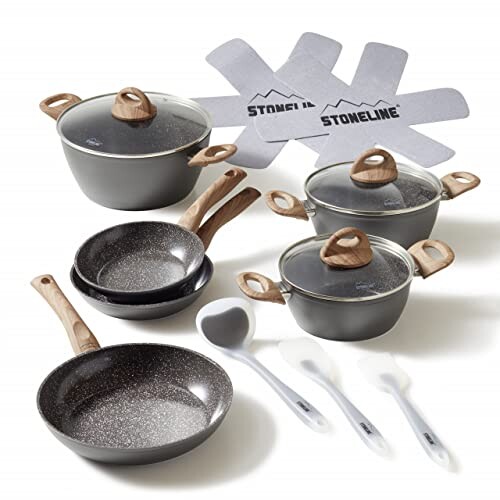 STONELINE Ceramic set de casseroles pour induction,14 pièces,set de casseroles avec couvercle en verre,casseroles et poêles avec revêtement anti-adhésif en céramique et particules de pierre véritables