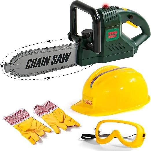 TONZE Outils Bricolage Enfant avec Tronconneuse Jouet Enfant 3 4 5 6 Ans Casque de Chantier Lunettes Gant-Jeu d'imitation Educatif Outil de Réparation Jouet Garçon Fille 3 4 5 6 Ans(4 Pièces)