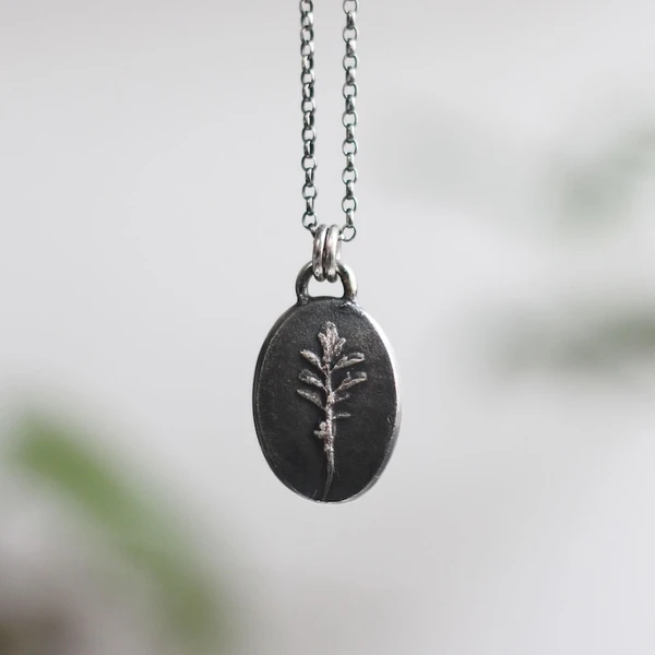 Pressed Flower Silver Necklace, Oxidised 925 Sterling Silver , Fossil Leaf Necklace, Handmade Medallion Pendant Necklace, Summer Necklace