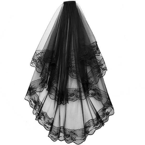 Voile de Mariée en Dentelle Noir et Blanc pour Mariage, inclus un Peigne, Style Vintage et Élégant avec deux Couches, Accessoires pour Costume Cosplay pour Femme