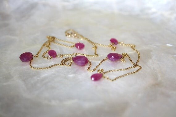 Ruby and 18k gold necklace, gold necklace with ruby, pink ruby necklace