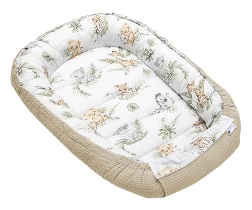 Medi Partners Reducteur de Lit Bebe - Réducteur Bébé 100x60x15cm Cocon et Naissance couffin Nid d'ange 100% Coton Gaufre (Safari avec Gris Gaufre)