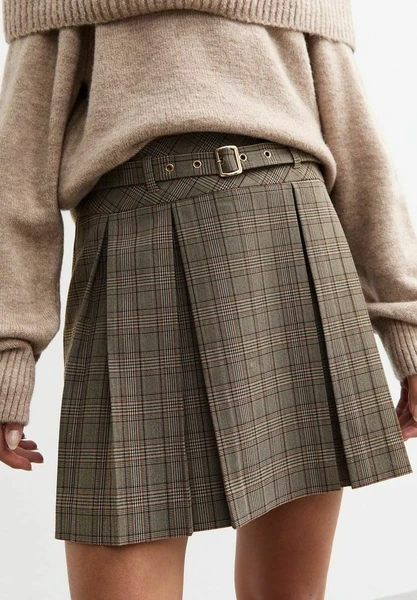 New Look CHECK BELTED BOX PLEAT MINI - Jupe plissée - brown pattern/marron - ZALANDO.FR