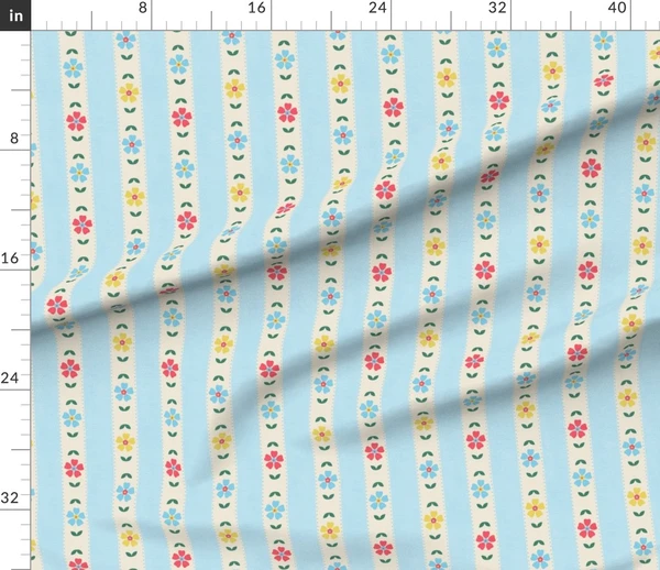Fabric in Cottage Core Floral Light Blue Stripes - small scale