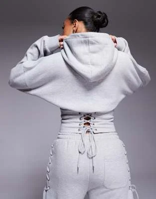 Kaiia - Sweat à capuche d'ensemble riche en coton avec taille cintrée et détail corset lacé - Gris moyen