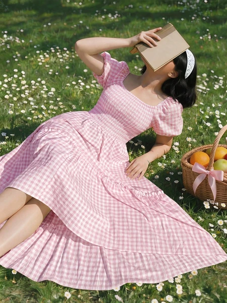 Lyrianda Robe de vacances décontractée à manches courtes à carreaux verts pour femmes grandes tailles