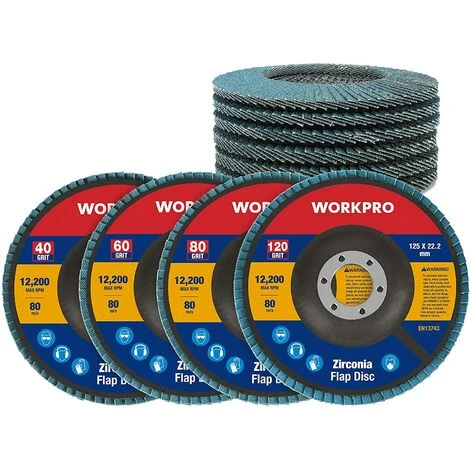 WORKPRO Lot de 10 Disques Abrasifs à Lamelles 125 mm, Grain 40-60-80-120, Disque à Meuler en Alumine de Qualité Supérieure pour Enlever Ebavure, Rouille, Polissage, Finition