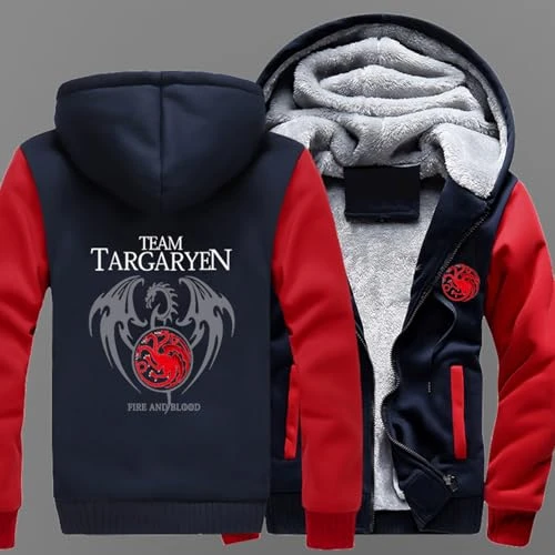 MODRYER Veste Polaire pour Homme pour Targaryen Fermeture Éclair Complète Sweat À Capuche Épais Manteau Thermique Coupe-Vent Extérieur Chaud Décontracté avec Poches Capuche,Red-XL