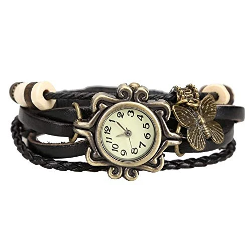 Outletissimo Montre de style vintage/steampunk décorée avec un papillon, des charms et un bracelet en cuir