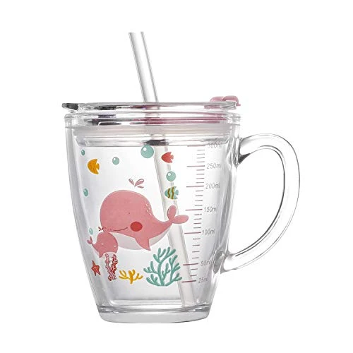 ITODA Tasse pour Enfants, Tasse à Lait avec Paille Silicone Verres à Boire Transparent 300 ml avec Échelle Poignée Tasse d'eau Dessin Animé Impression avec Un Couvercle Anti-fuite Mug pour Enfants