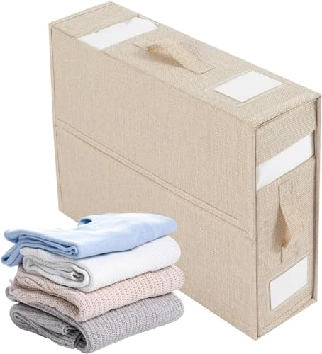 QARIDO Organiseur de draps de lit pliable, boîte de rangement pour housse de couette avec fenêtre transparente et poignées – Organiseur de draps pour placard à linge (Beige)