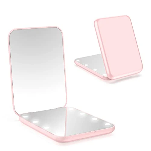 wobsion Miroir de maquillage de voyage éclairé par LED, 1x/3x à grossissement Miroir compact, Portable pour sac à main, poche, Miroir pliable éclairé de 8.5cm, Miroir portatif à deux faces, rond, Rose