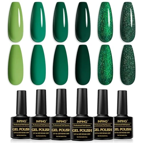 INPING Vernis Semi Permanent Vert,6 Couleurs Vert Série Forêt Vernis Gel UV Semi Permanent, Vert clair Vert Foncé Vert Pailleté,Soak Off UV/LED Vernis à Ongles Pour Femmes DIY Nail Art,8ML