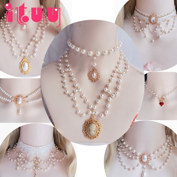 Collier Vintage en dentelle, magnifique, Style Rococo, princesse Lolita, multicouche, perle, bijou, chaîne de clavicule
