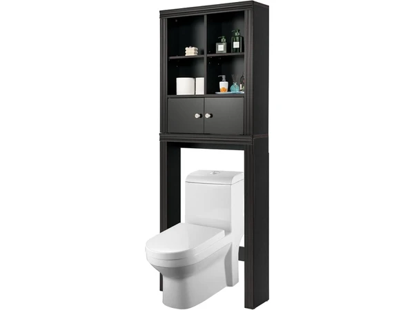 Costway meuble wc au-dessus de toilettes en bois, meuble de salle de bain avec 4 compartiments et placard à porte, étagère réglable, dispositif anti-basculement inclus, 60 x 20 x 165 cm (marron)