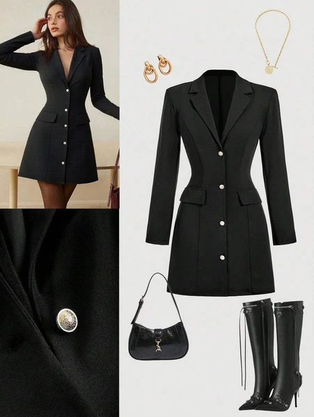 SHEIN MOD Robe de costume noire ajustée avec boucle métallique à la taille | Mode en ligne | SHEIN FRANCE
