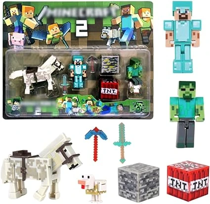 FOGARI Pack de 8 Figurines Minecraft, Jouets Minecraft, Contient des Personnages, des Animaux, des Fournitures, des Armes, des minerais, des Figurines d'action pour Jouer (Modèle 1)