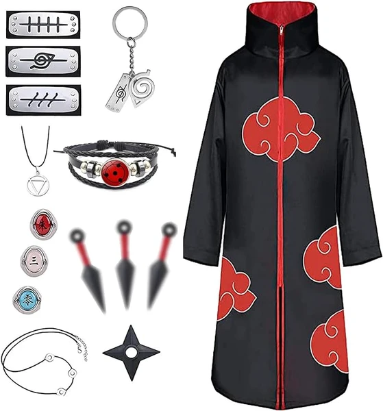 JMOCD Déguisement Akatsuki Hidan Itachi Costume Halloween Adulte Enfant Cape, Akatsuki Cosplay Anneau Bandeau Bague Collier Accessoires Carnaval Tenue Manga pour Homme Femme Fille Garcon