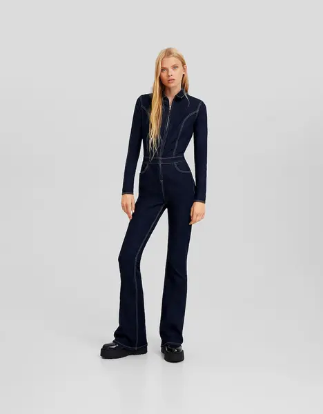 Combi-pantalon denim manches longues fermeture Éclair