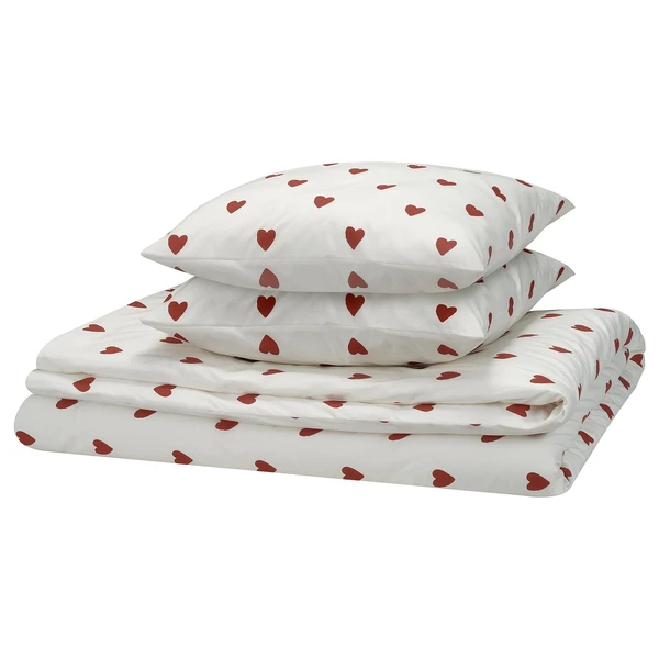 BJÖRNBÄRBUSKE Housse de couette et 2 taies - motif coeur blanc/rouge 240x220/65x65 cm