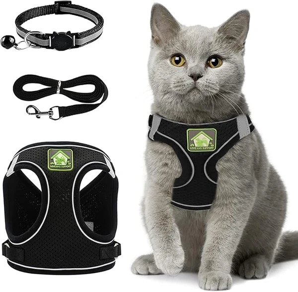 Harnais Chat Anti évasion Ensemble, Harnais Chaton Réfléchissant, Harnais Chat Respirant Et Réglable, Collier Harnais Et Laisse en Maille pour Animaux De Compagnie Lapin Chats Et Chiots (Noir) XS