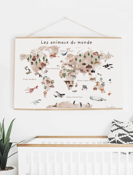affiche seule GEANTE poster carte du monde animaux français rentrée scolaire education apprentissage