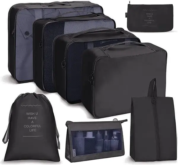 Osdue Lot de 8 cubes de rangement de voyage - Organisateurs de bagages/Sacs de voyage imperméables pour vêtements, chaussures, cosmétiques, articles de toilette, Noir