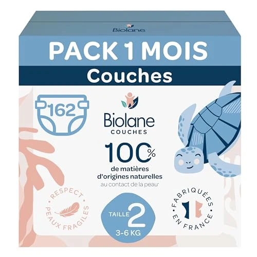 BIOLANE - Couches bébé taille 2 - (3-6 kg) - Peaux Sensibles - Ultra-Absorbant, Pas de Fuite, jusqu'à 12h au Sec - Confort &amp; Protection - Pack 1 mois 162 couches - Fabriqué en France