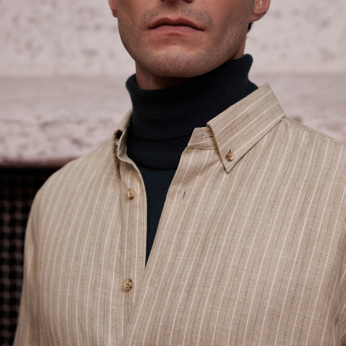 Chemise En Coton, Chanvre Et Laine Mérinos Beige À Rayures