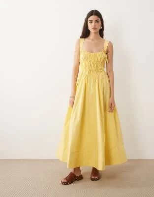 ASOS DESIGN - Robe d'été longue avec corsage froncé, jupe évasée et ourlet à surpiqûres multicolores - Jaune
