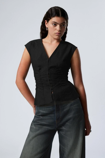 sleeveless gathered poplin top - Black | Weekday EU