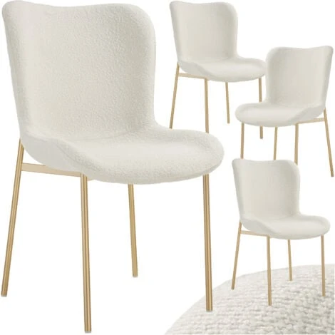 4 chaises rembourrées tissu bouclette ergonomiques Blanc/Doré