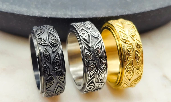 Spinner Ring Evil Eyes Anxiety Ring for men & women, Silver Fidget Ring help Worry Stress ADHD, Gold Rotating Spin Ring