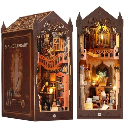 DIY Book Nook Kit de Maison de Poupées Miniatures en Bois,Maison a Construire avec Meubles et lumière LED, DIY Miniature House Cadeau de Bricolage pour Adultes(Bibliothèque)