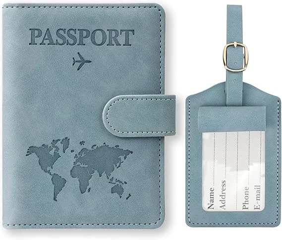 GADITIEK Protege Passeport et Etiquette Valise Set, Cuirs Protège Passeport avec Étiquette Bagage, Pochette Passeport avec RFID pour Protection Passeport, Voyage Francais Etui Passeport (Bleu)