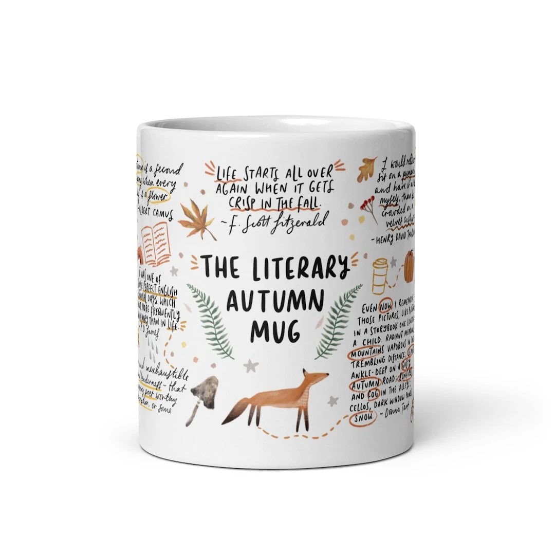 The Literary Autumn Mug | Perfect Gift for Lovers of Fall, Poetry and Books, Hand Illustrated Mug