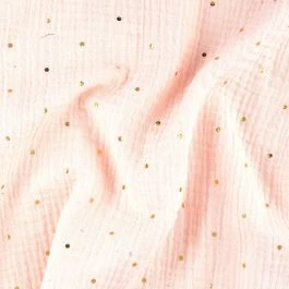 Tissu double gaze rose pâle à pois dorés