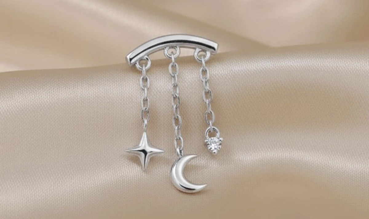 Boucles d'oreilles pendantes hélix lune étoile pendantes, boucles d'oreilles pendantes hélice/tour/cartilage/tragus, argent sterling massif, bijoux piercing hélice à dos plat