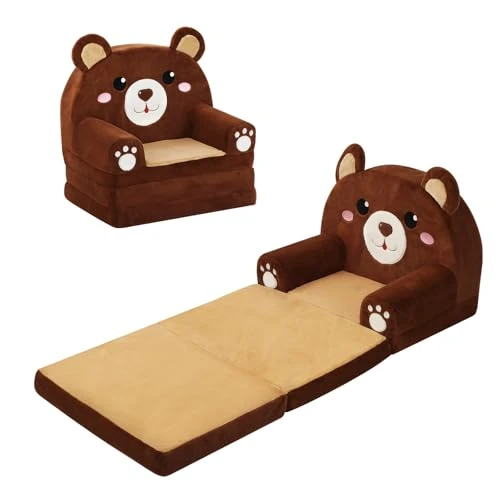 decalsweet Canapé pour Enfants Canapé-Lit Convertible 2 en 1, Peluche Pliable Fauteuil Soft avec Fermeture Éclair, Chauffeuse Enfant Stable pour Chambre d'enfant, Petit Canapé Bebe Ours